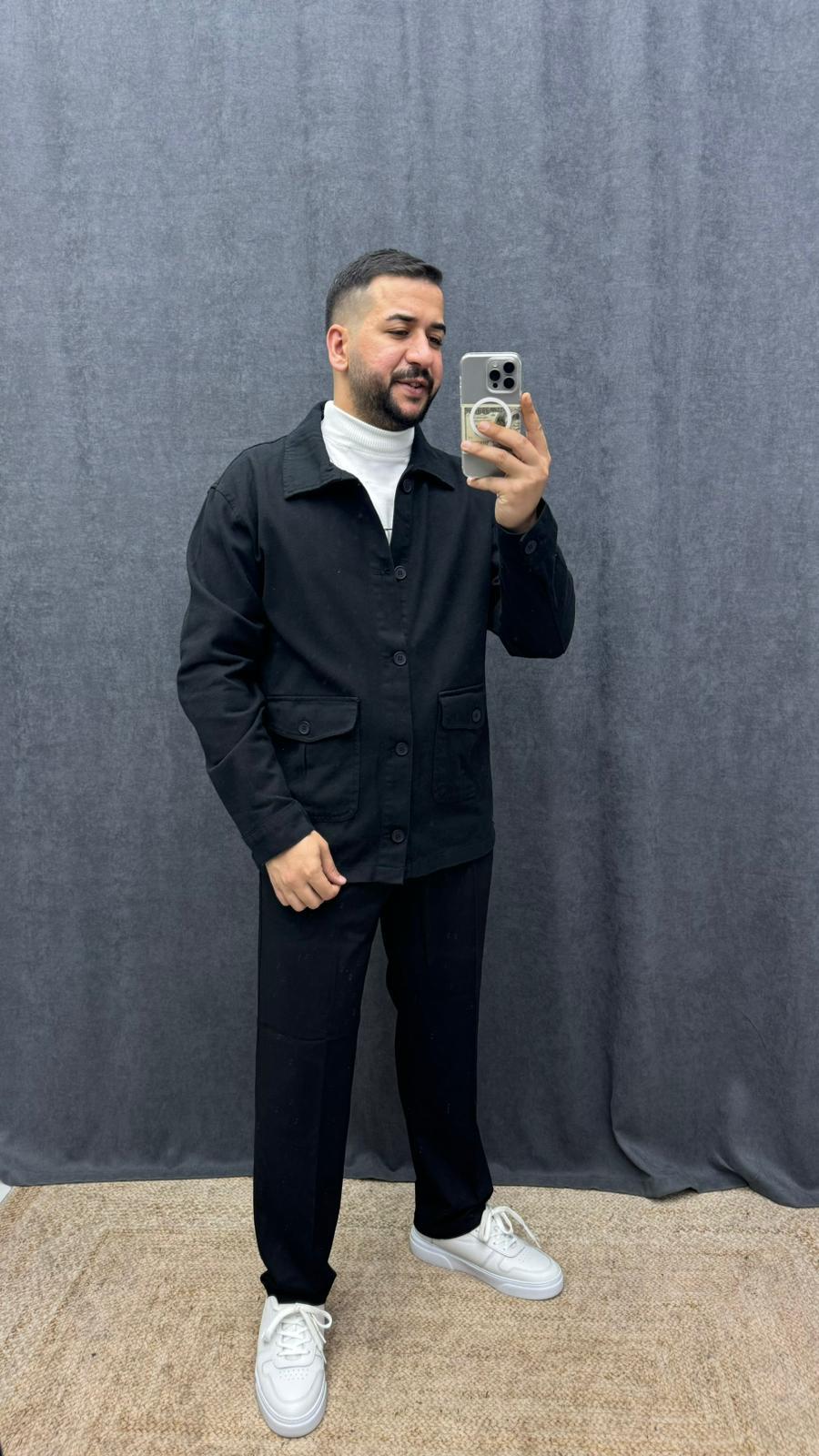 Oversize Torba Cep Gabardin Ceket Siyah