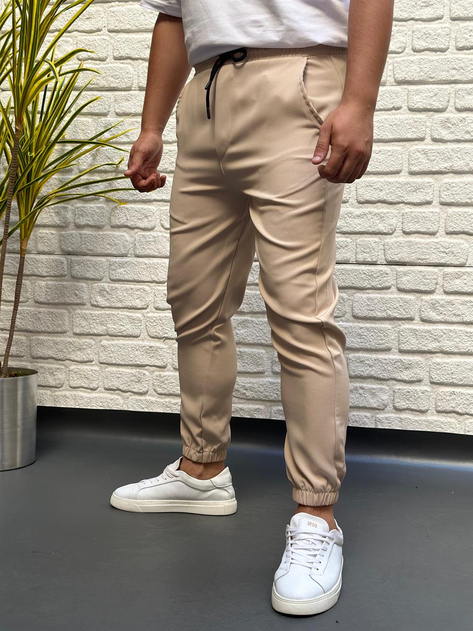 Paça Lastik Jogger Pantolon Krem