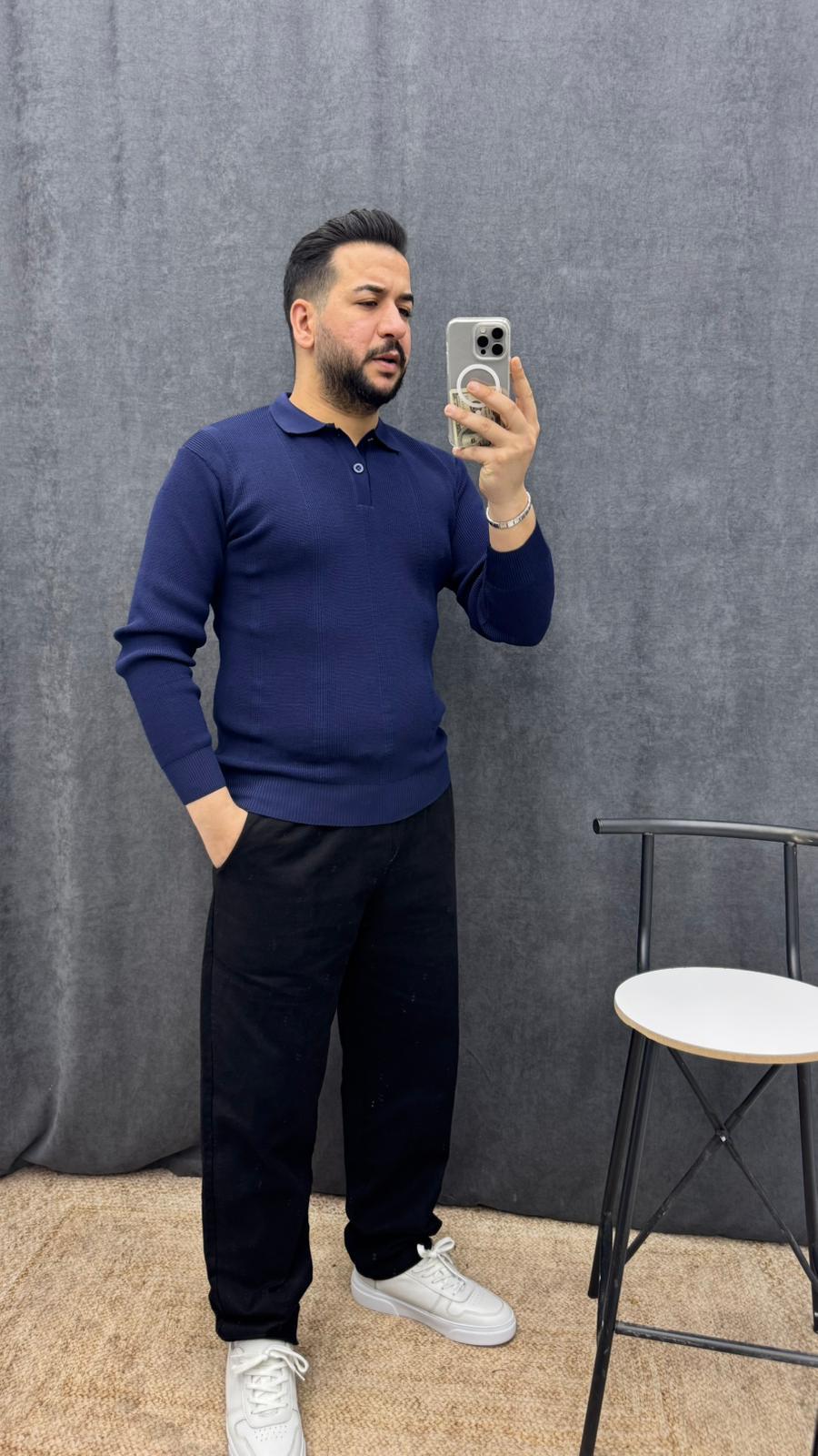 Polo Yaka Düğmeli Triko Lacivert