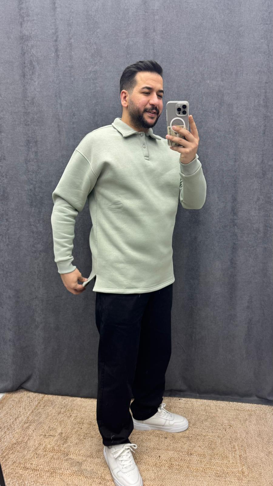 Polo Yaka Düğmeli Yırtmaç Detaylı Sweat Yeşil