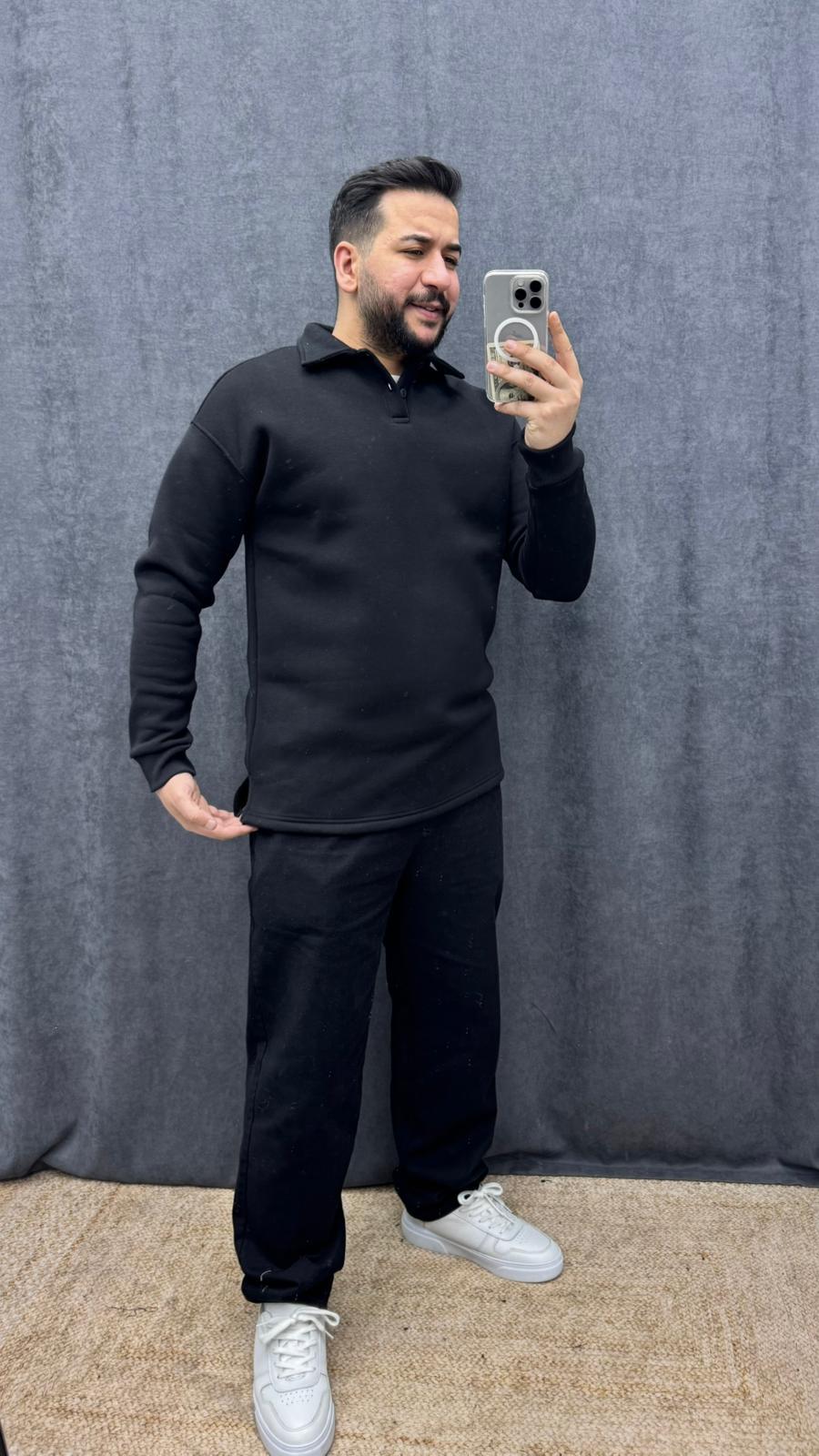 Polo Yaka Düğmeli Yırtmaç Detaylı Sweat Siyah