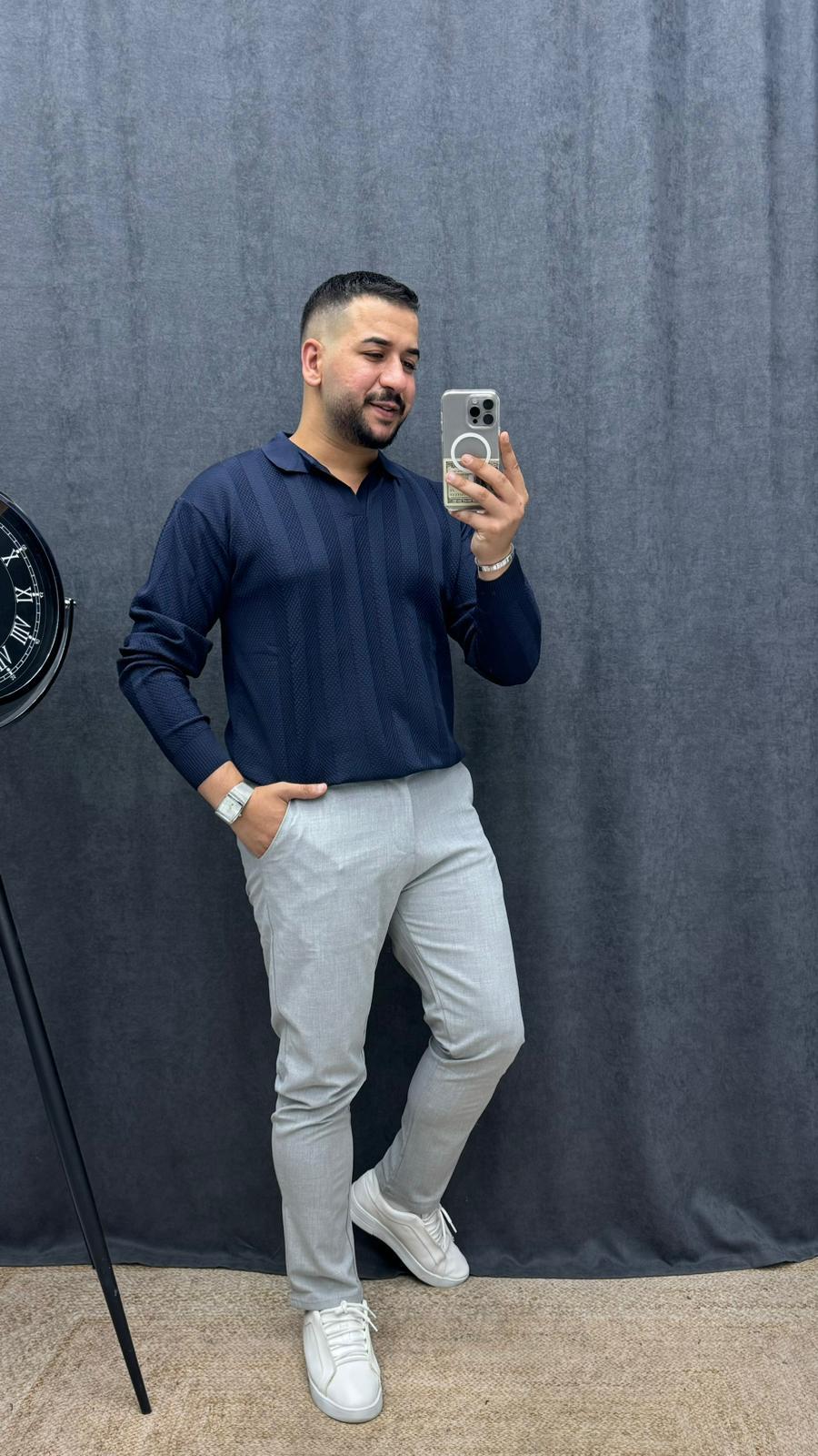 Polo Yaka Full Likralı Örme Şerit Detaylı Triko Lacivert