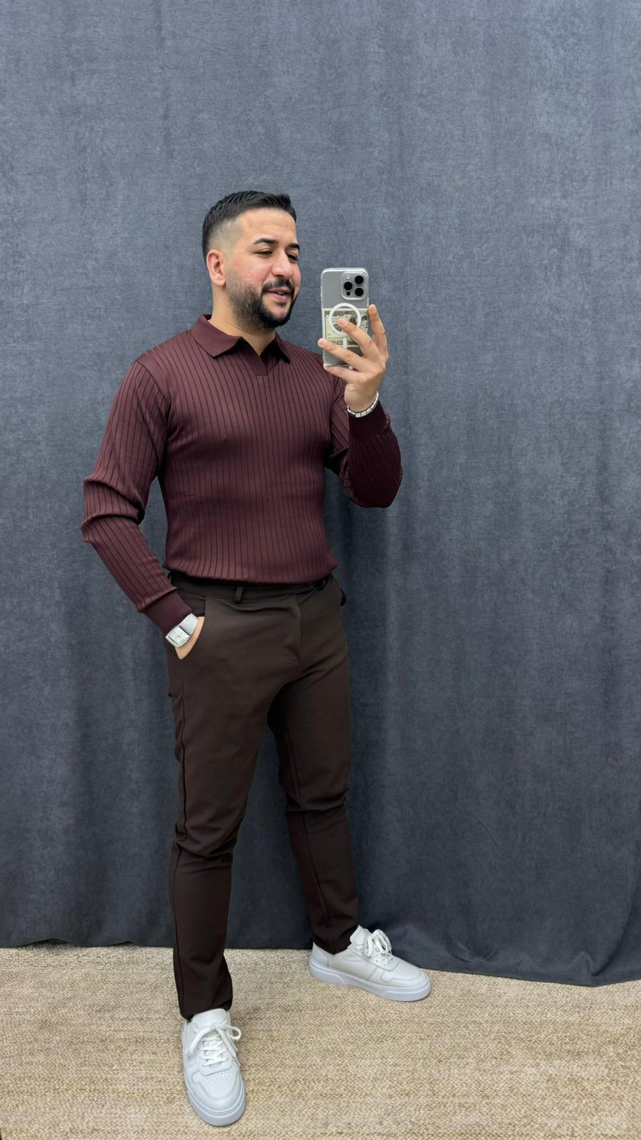 Polo Yaka Kendinden Desenli Likralı Triko Bordo