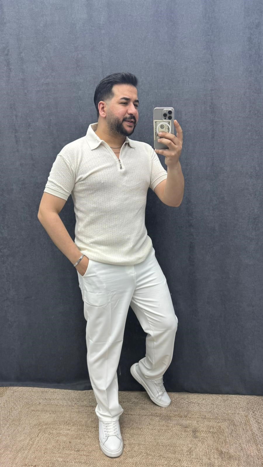 Polo Yaka Kol Ribanalı Yarım Fermuarlı Triko Beyaz