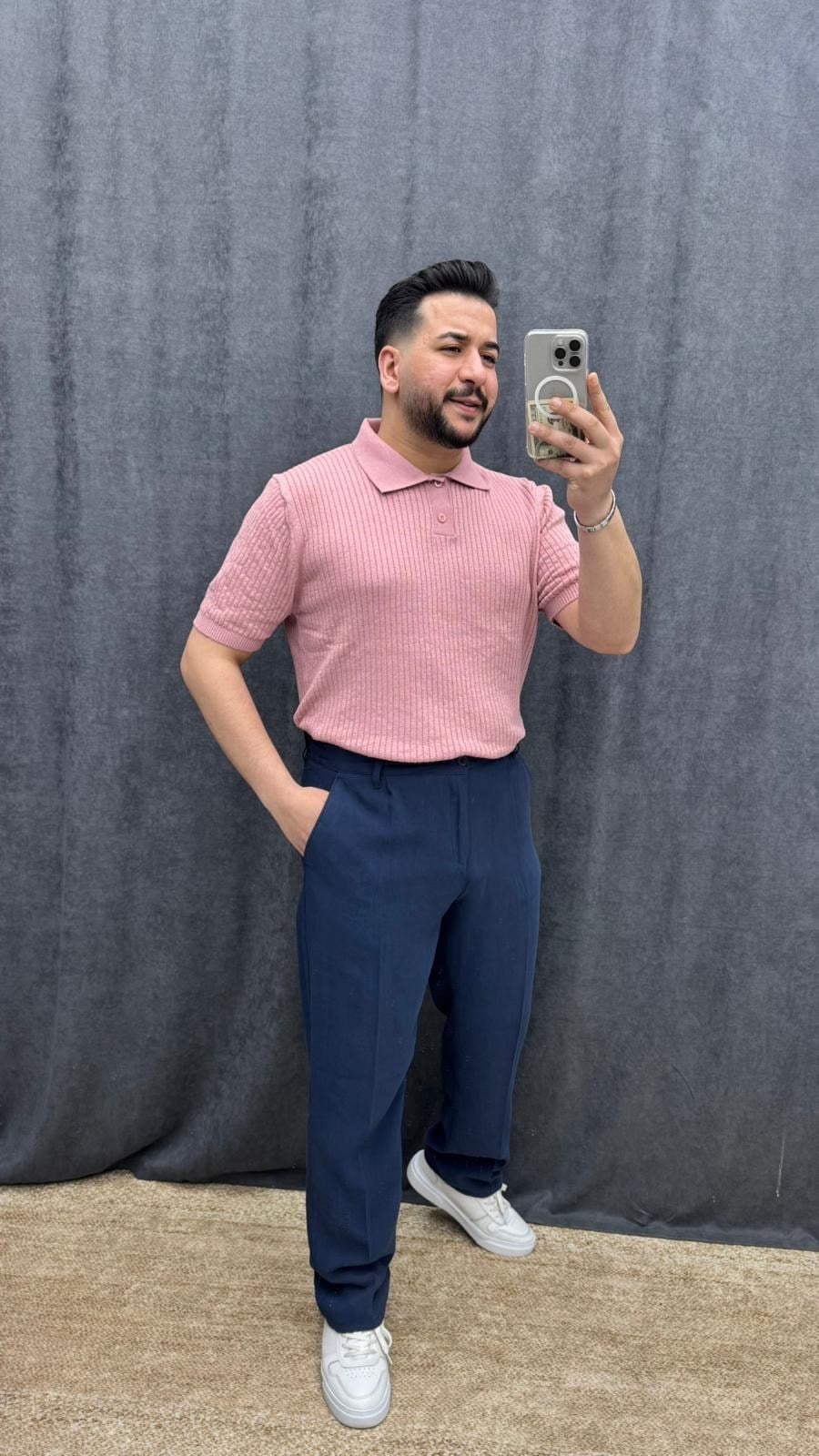 Polo Yaka Yıkamalı Kumaş Örme Pamuk Triko Pembe