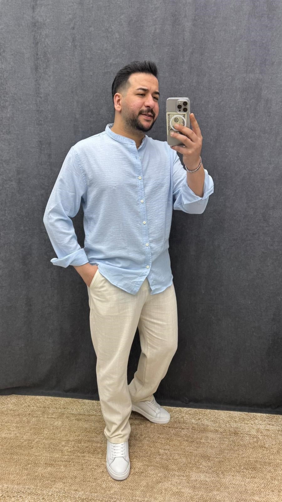 Tam Düğmeli Hakim Yaka Keten Gömlek Bebe Mavi