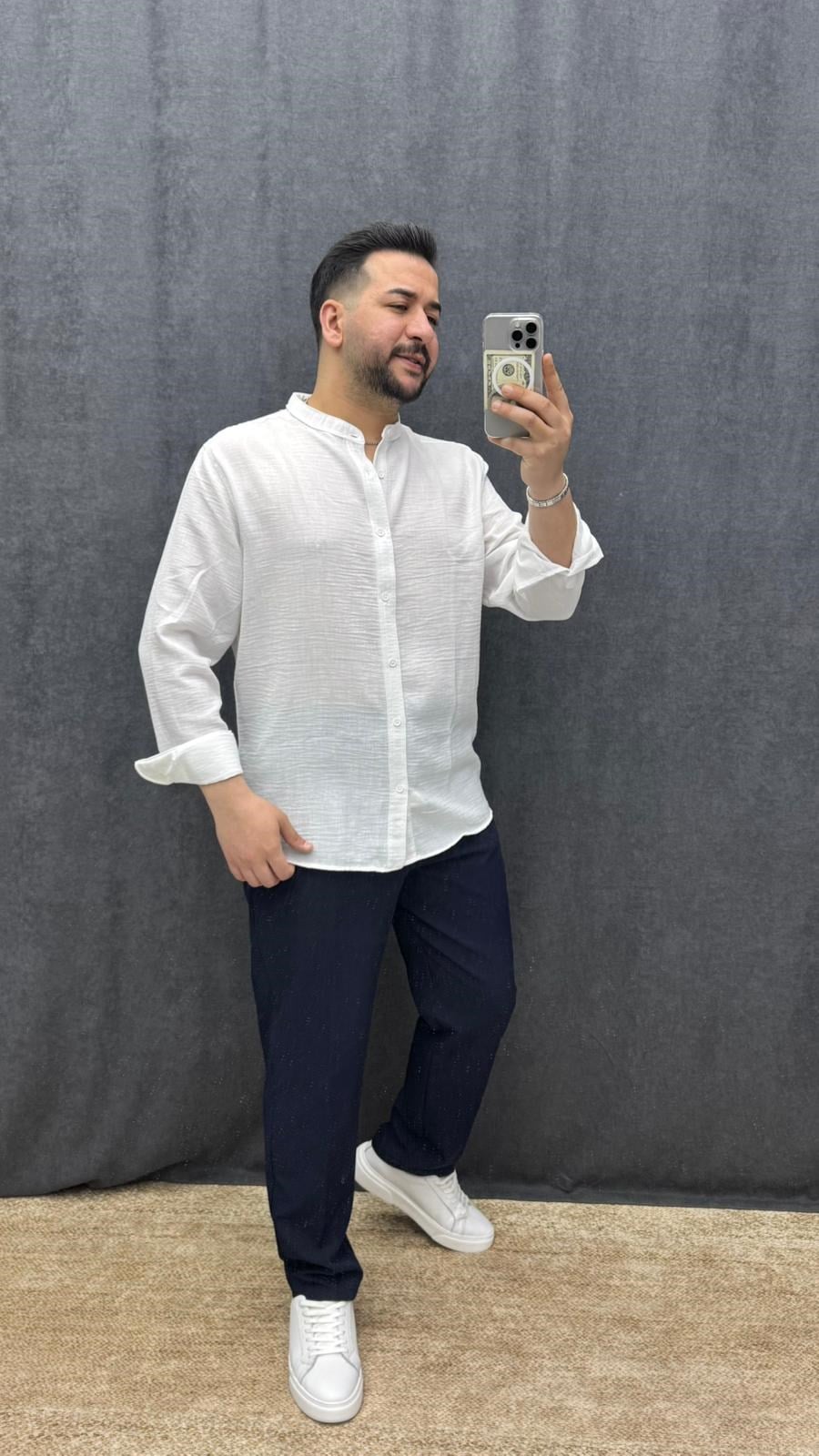 Tam Düğmeli Hakim Yaka Keten Gömlek Beyaz