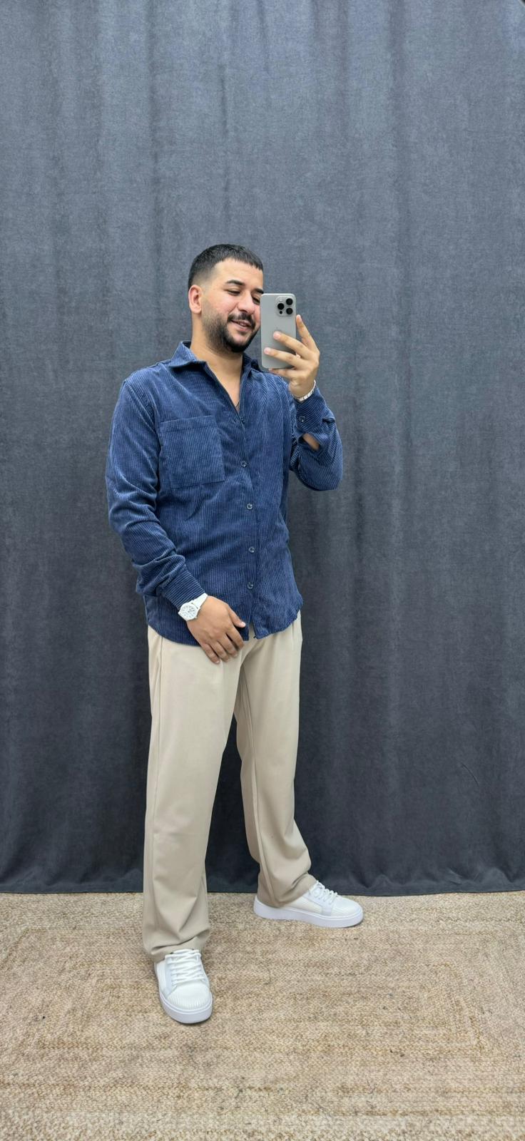 Tek Cep Kadife Rahat Kalıp Gömlek Mavi