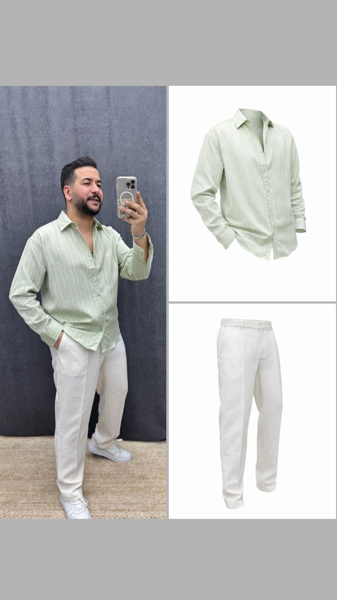 Ütü Tutmaz Kendinden Desenli Rahat Kalıp Gömlek ve Modal Kumaş Baggy Pantolon Yeşil Beyaz