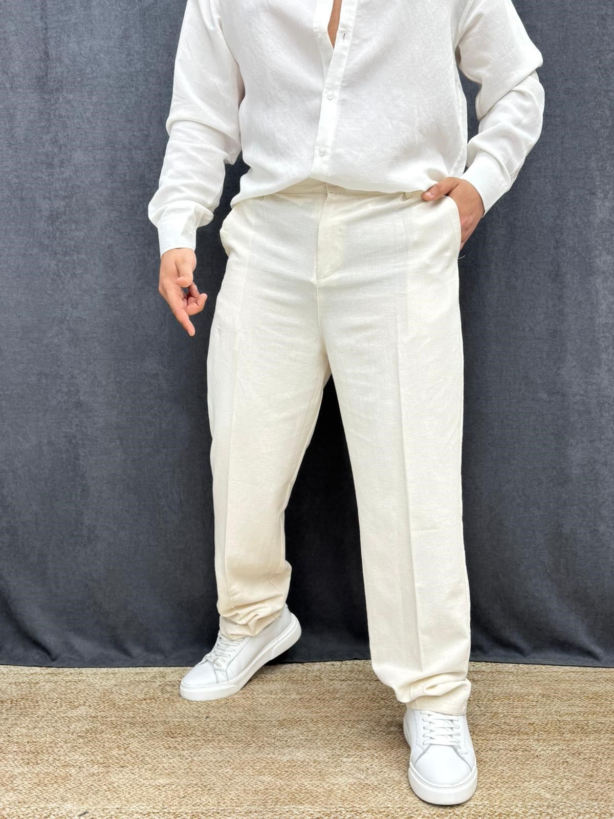 Viskon Keten Bel Lastikli Baggy Pantolon Bej