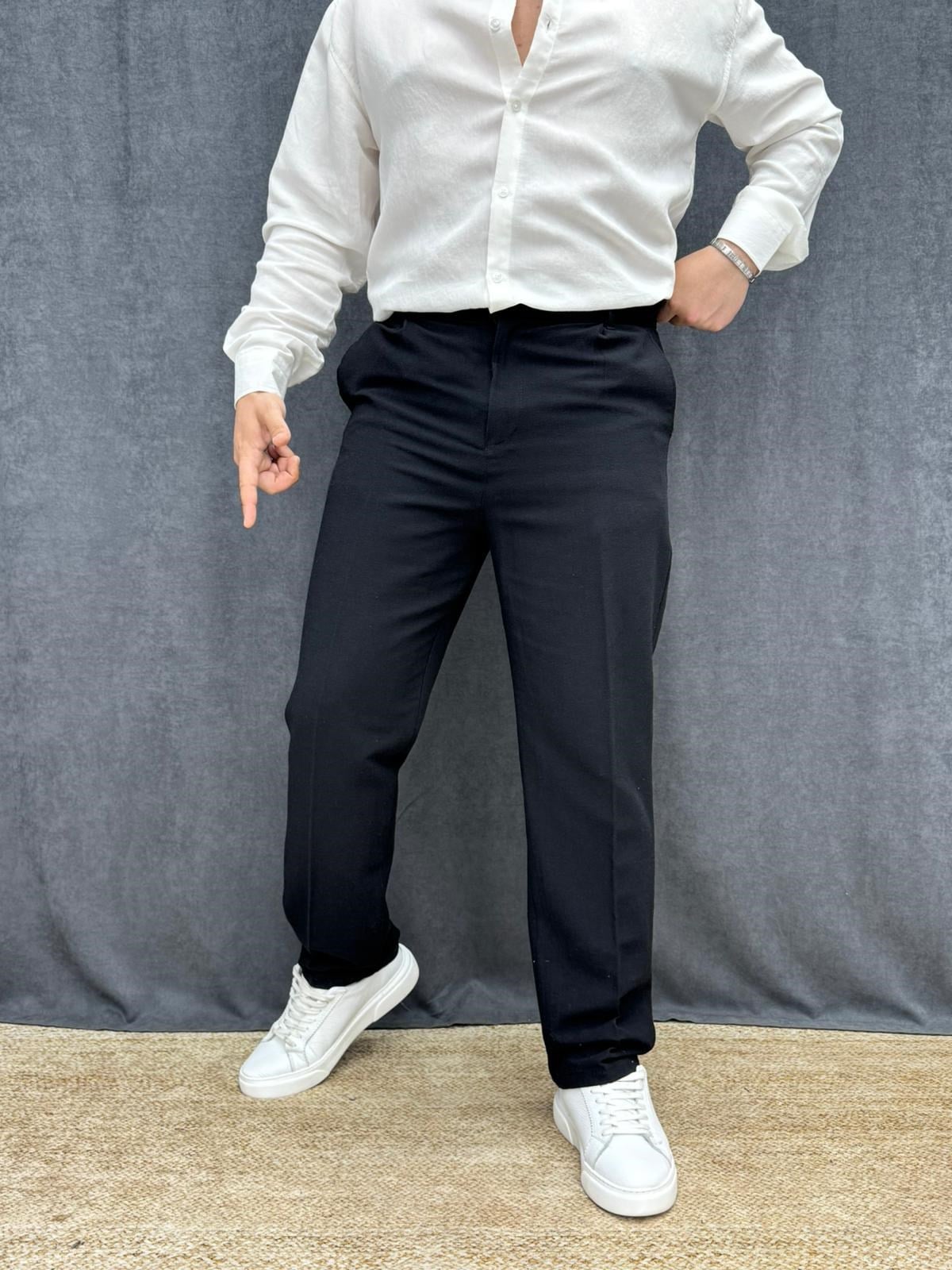 Viskon Keten Bel Lastikli Baggy Pantolon Siyah