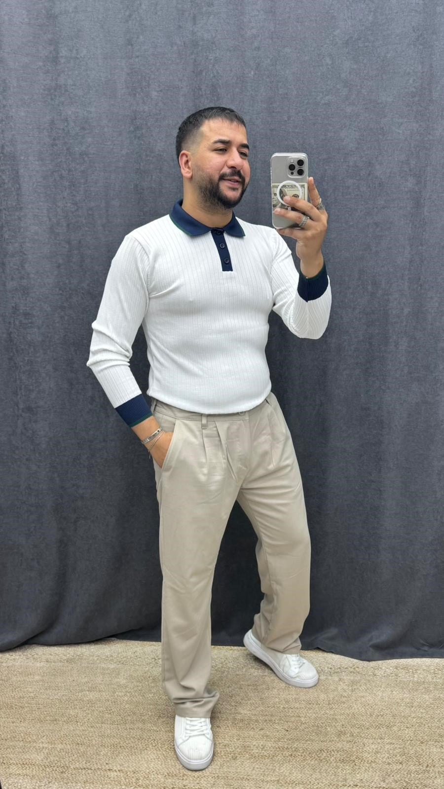 Yaka Kol Detaylı Polo Yaka Slimfit Triko Beyaz