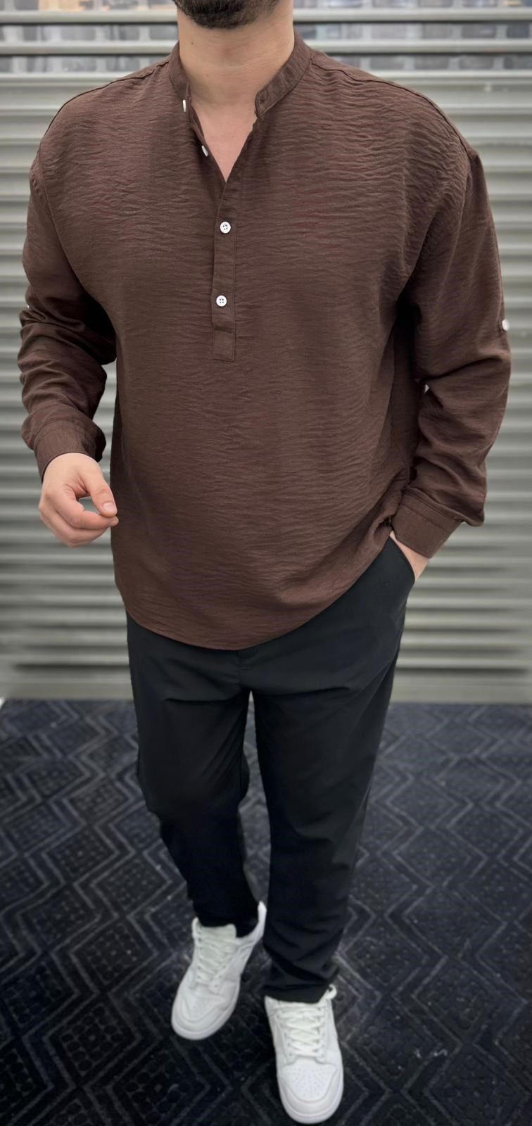 Yarım Pat Hakim Yaka Keten Gömlek Oversize Kahverengi