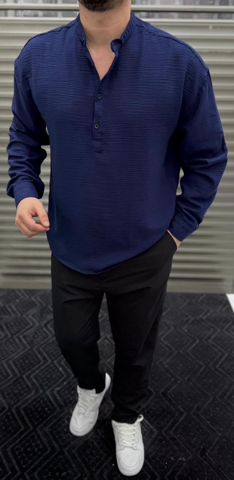 Yarım Pat Hakim Yaka Keten Gömlek Oversize Lacivert
