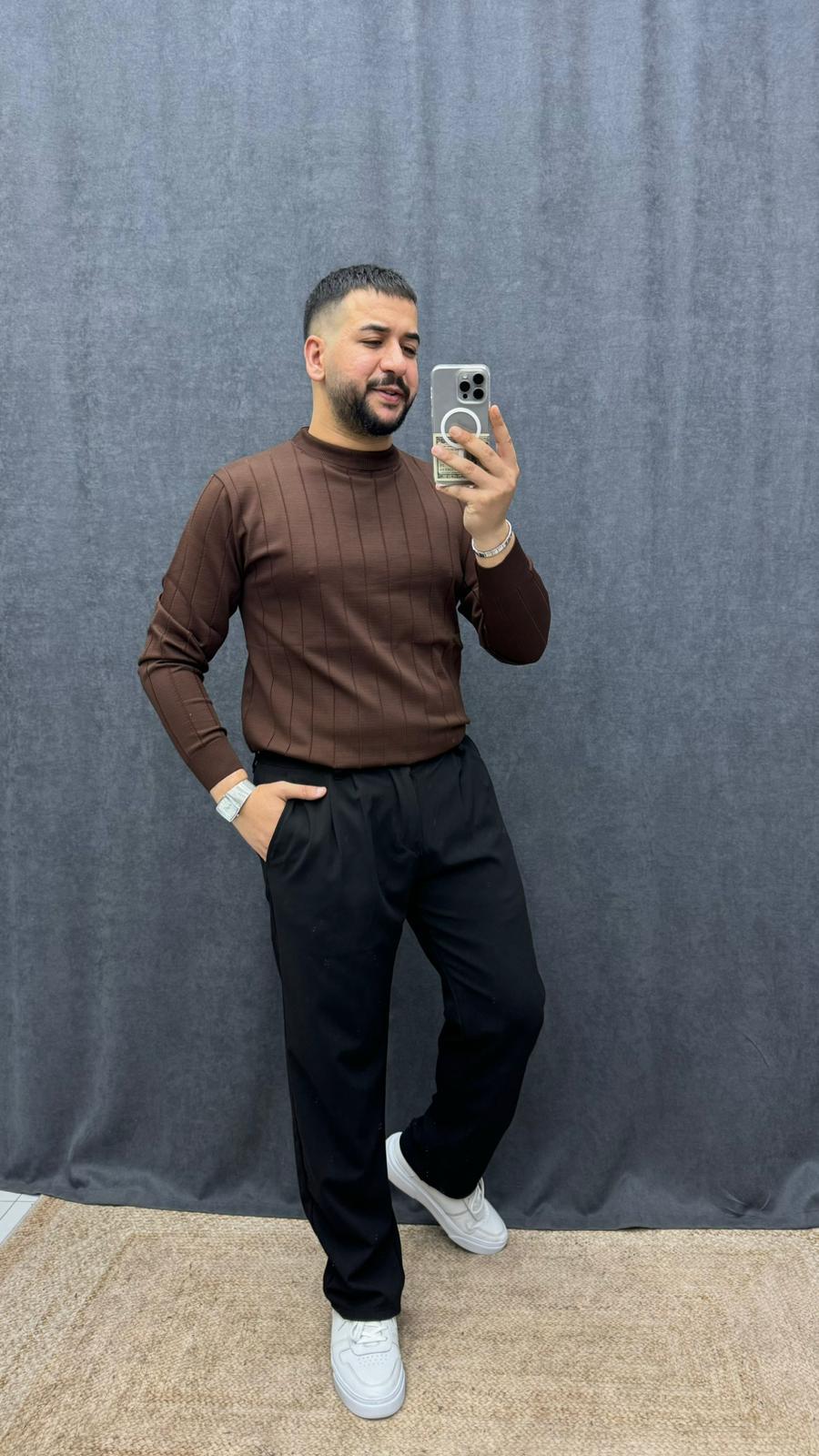 Yarım Yaka Dik Çizgili Ful Likralı Triko Acı Kahve