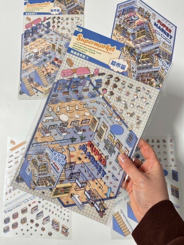DIY 3 Katlı Süpermarket Tasarlama 2Yaprak 254 Adet 3D İzometrik Diorama Sticker Seti/Etiket/Çıkartma