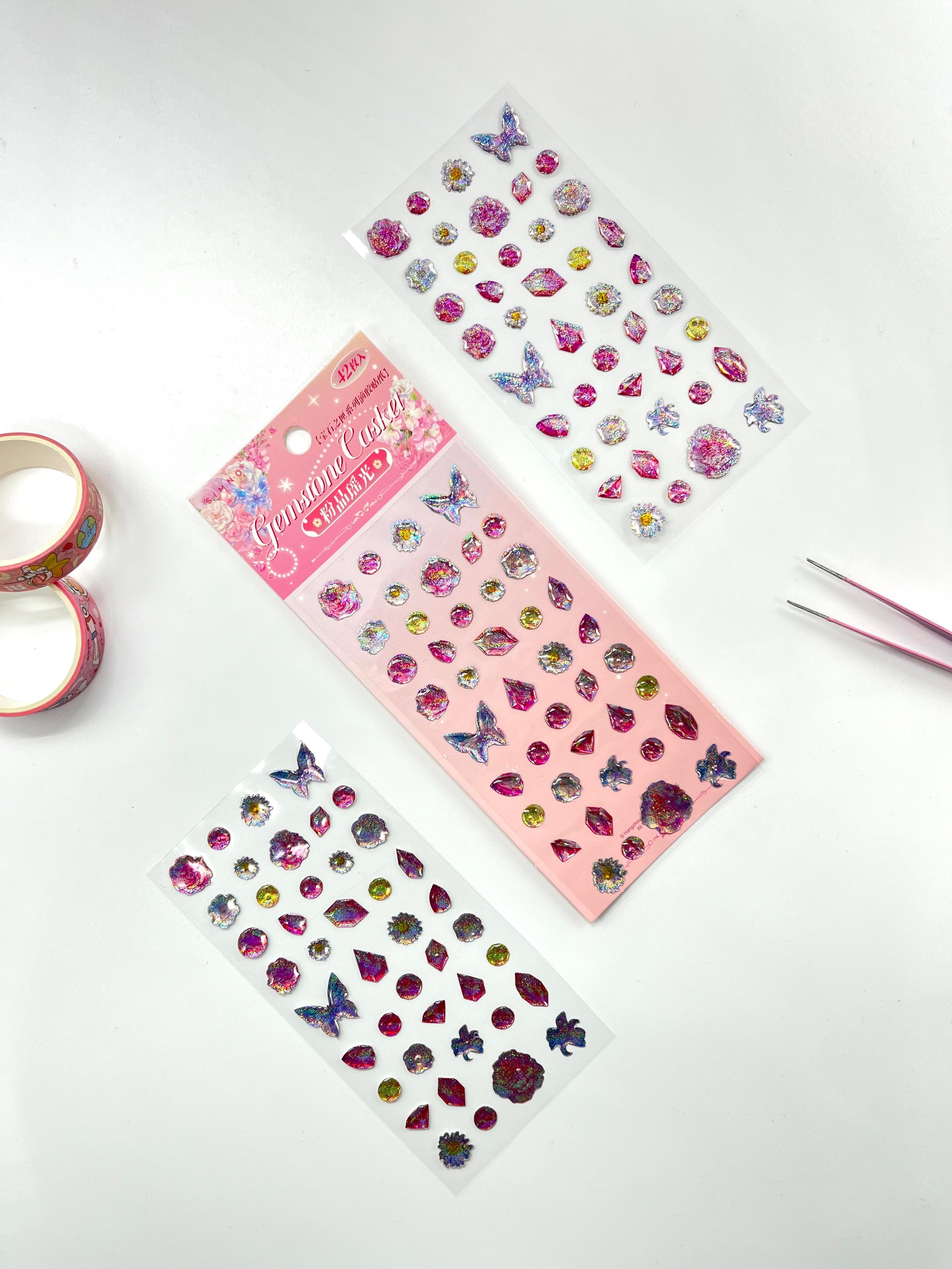 Holografik Çiçek ve Kelebek Pembe Paket Tek Yaprak 42 Adet Taş Sticker Seti/Etiket/Çıkartma