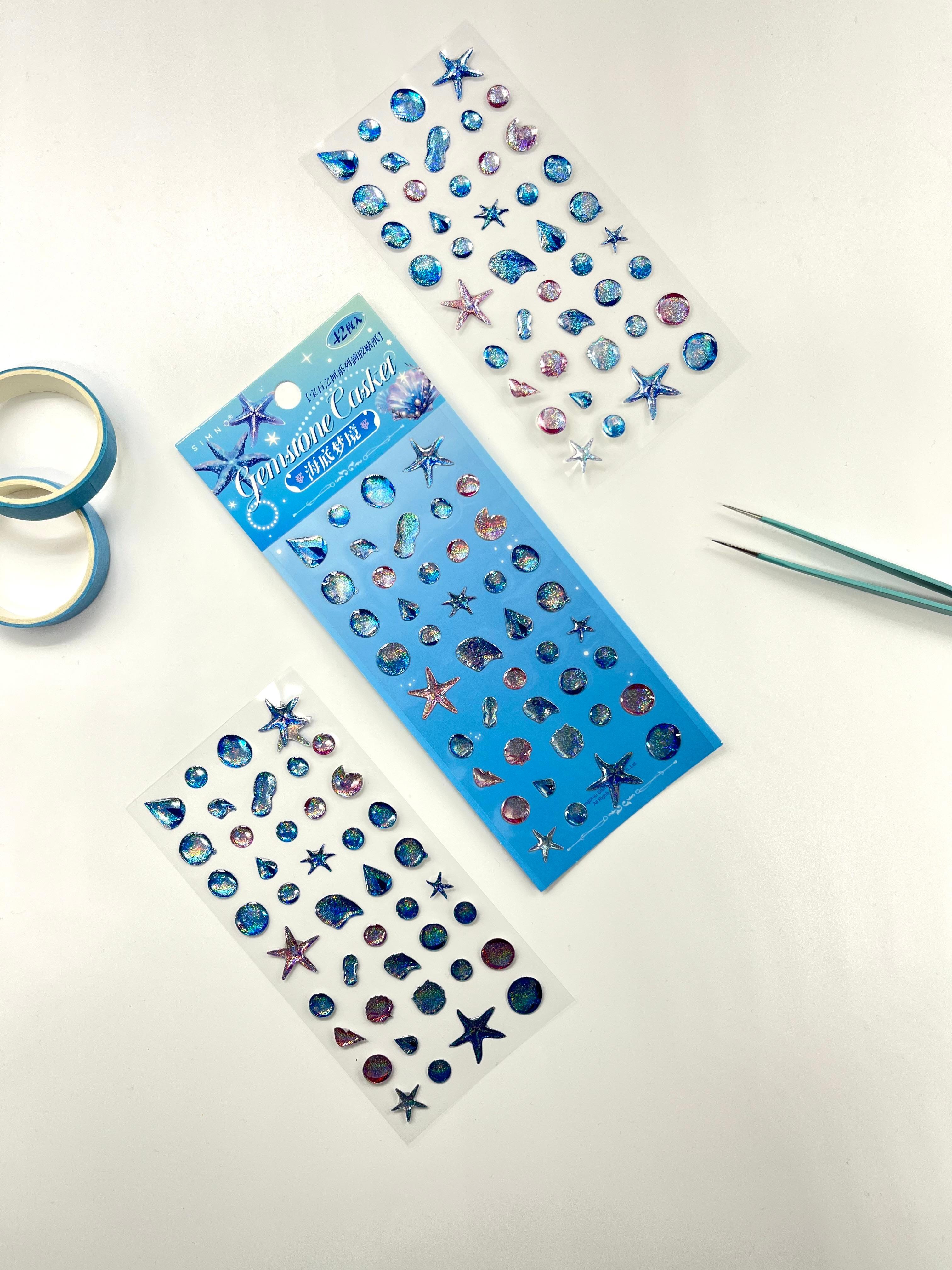 Holografik Deniz Yıldızı & Ocean Mavi Paket Tek Yaprak 42 Adet Taş Sticker Seti/Etiket/Çıkartma