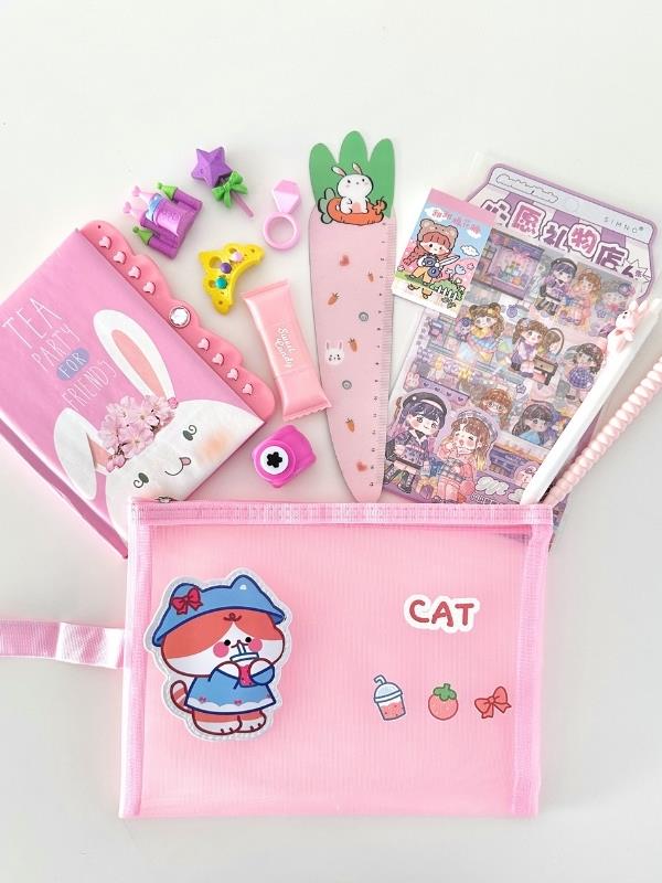 Kawaii Pink Dream 10 Parça Dopdolu Tatlı Pembe Çocuk Kırtasiye Seti/File Çanta/Sticker/Defter/Kalem