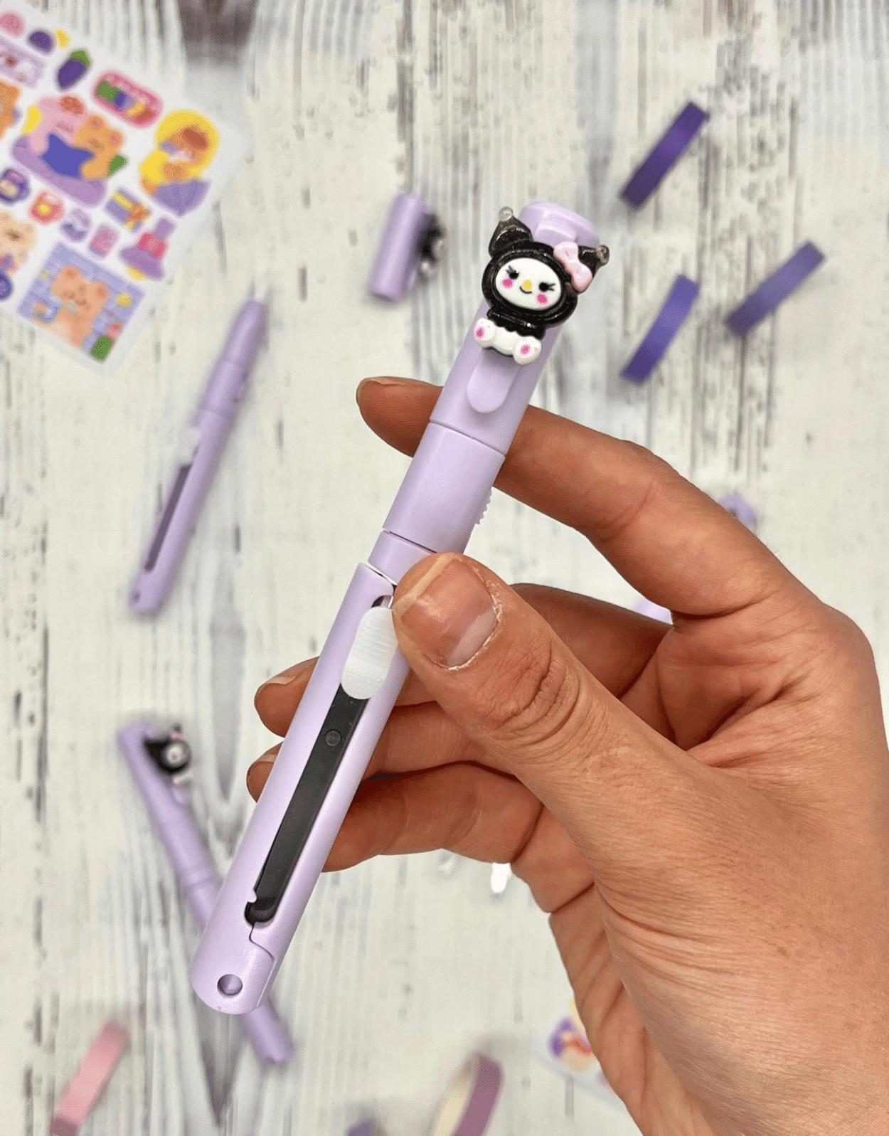 Sanrio Kuromi Karakterli Kalem Görünümlü Çift Uç Tasarım Makas ve Maket Bıçağı