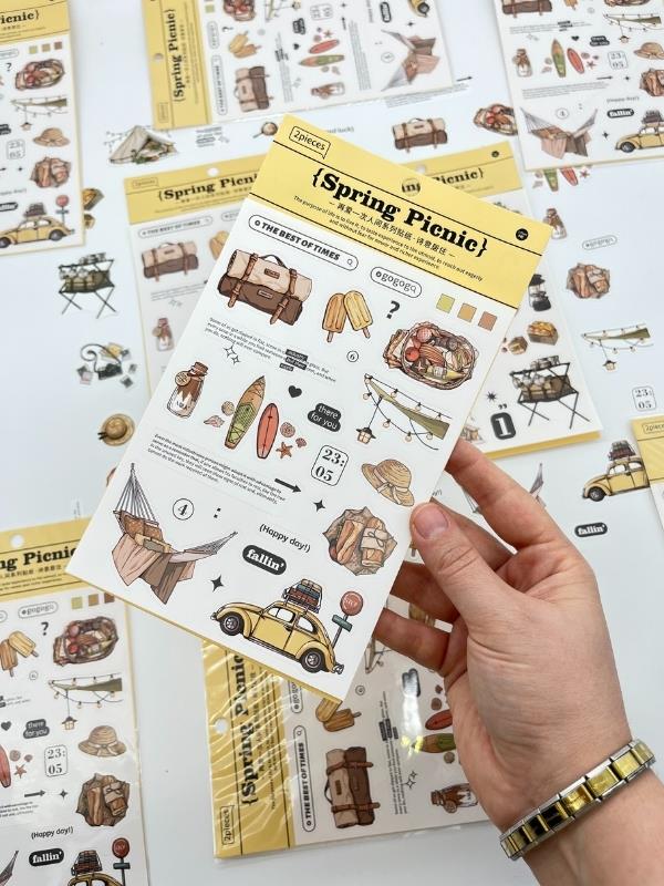 Spring Picnic Retro Kamp Ve Piknik Temalı 2 Yaprak 45 Adet Sticker Seti/Etiket/Çıkartma