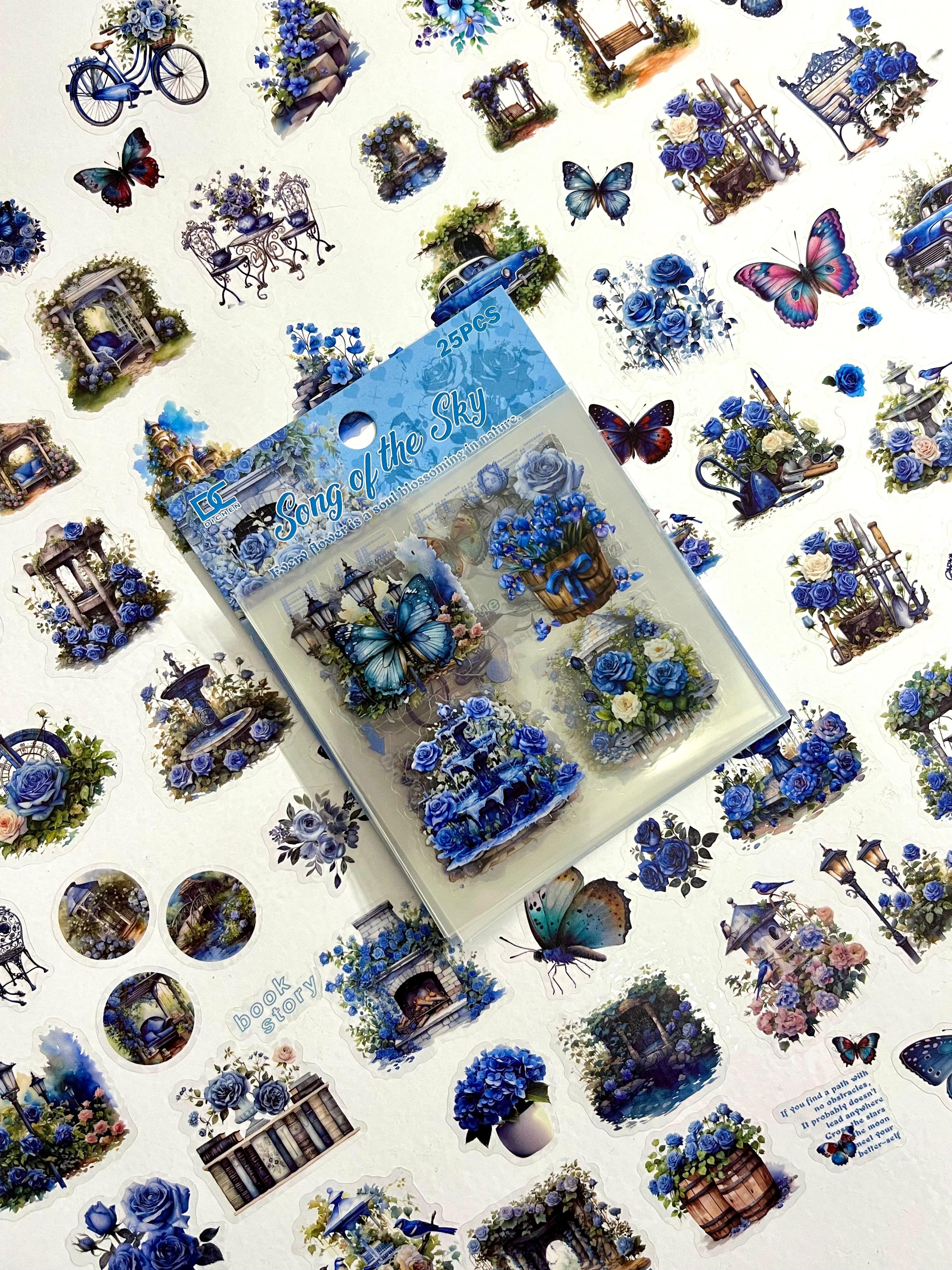 Vintage Blue Garden Mavi Gül ve Kelebek Temalı 25 Yaprak 145 Adet Sticker Seti/Etiket/Çıkartma