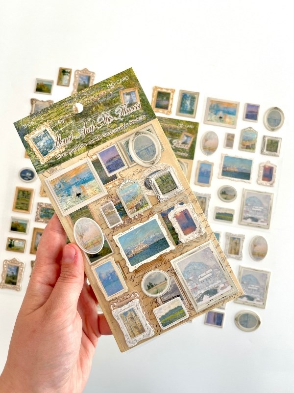 Vintage Claude Monet Tabloları Temalı 2 Yaprak 27 Adet Stereoskopik Sticker Seti/Etiket/Çıkartma