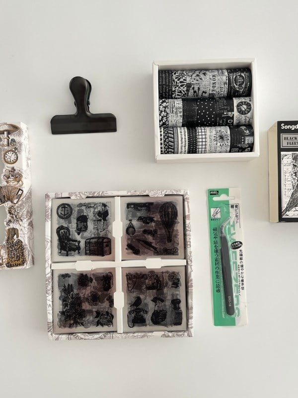 Vintage Monochrome Memories 4 Parça Siyah&Beyaz Journal Seti/ Washi Bant / Sticker / Cımbız / Klips
