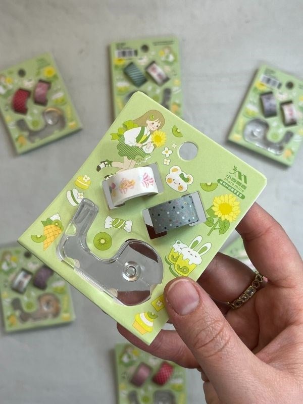 Yeşil Renk 2+1 Washi Bant ve Kesim Aparatlı Mini Set/ Washi Tape / Bullet Journal