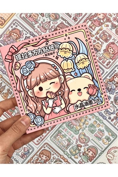 Sevimli Kız ve Ayı Pembe Kutu 12 Yaprak Sticker + 2 Yaprak Desenli Kağıt / Çıkartma / Bullet Journal