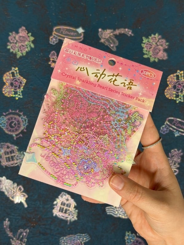 20 Adet 3D Kristal Işıltılı İnci Serisi Pembe Paket Sticker Seti / Etiket / Çıkartma / Su Geçirmez