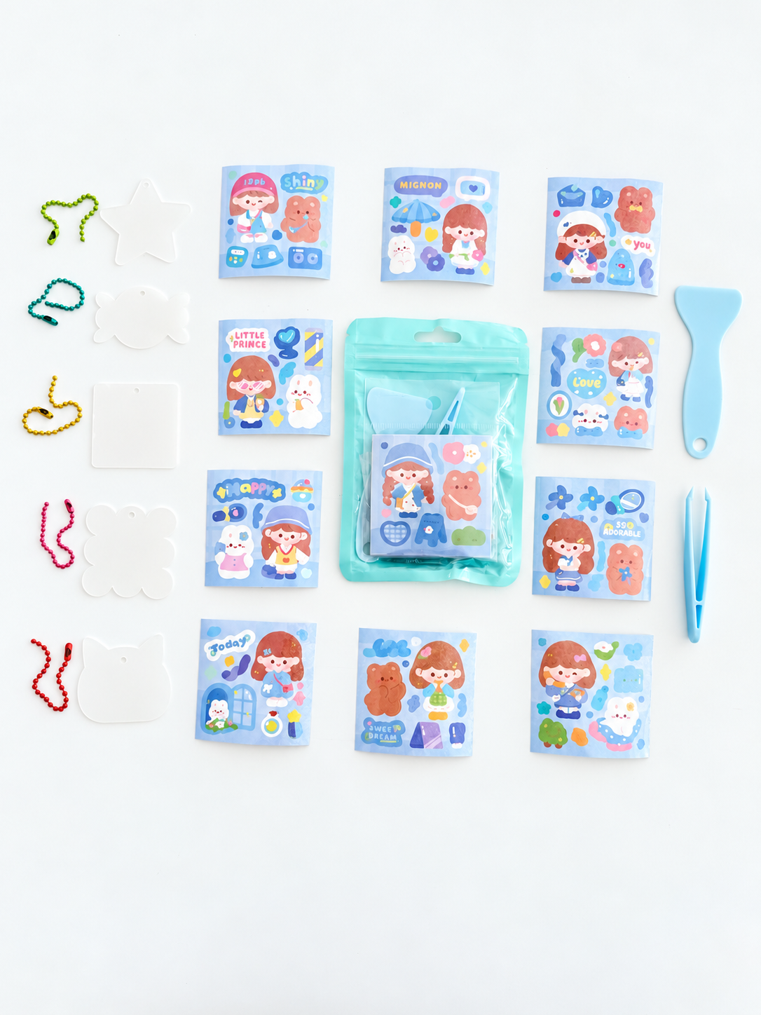 23 Parça Mavi Paket Kendi Anahtarlığını Tasarla Seti – Şeffaf Anahtarlık Aparatı / Renkli Zincir / Sticker / Etiket / Cımbız / Spatula DIY Aktivite Seti