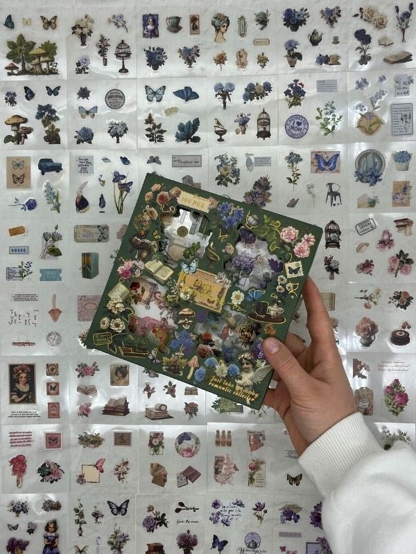 4 Bölmeli 100 Yaprak 486 Adet Özel Tasarım Retro Yeşil  Renk  Doğa Temalı Sticker Set / Etiket / Çıkartma/ Su Geçirmez
