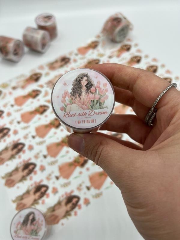 Bud Silk Dream Serisi Şeftali Lale Kız Temalı 2m Washi Bant/Washi Tape/Masking Tape/Desenli Bant