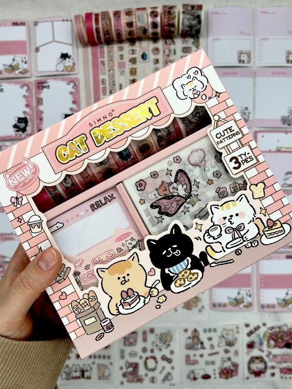 Cat Dessert Sevimli Kedicik Washi Bantlı Post-itli Sticker Set /Scsrapbook/Bullet Journal