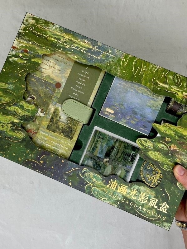 Claude Monet Nilüfer Tablosu Desenli Yeşil Kutu Defter Seti/Hediye Set/Notebook / Bullet Journal