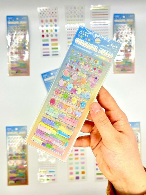 Colorful Fixed Pastel Çizgi Daire Kalp ve Şekiller 6 Yaprak 226 Adet Sticker Seti/Etiket/Çıkartma