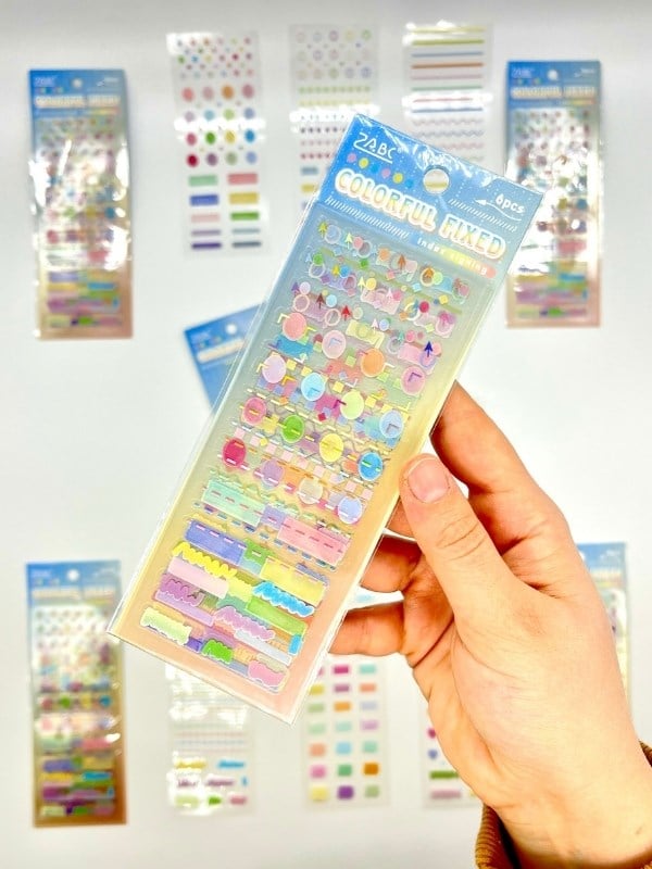 Colorful Fixed Pastel Çizgi Daire Kalp ve Şekiller 6 Yaprak 226 Adet Sticker Seti/Etiket/Çıkartma