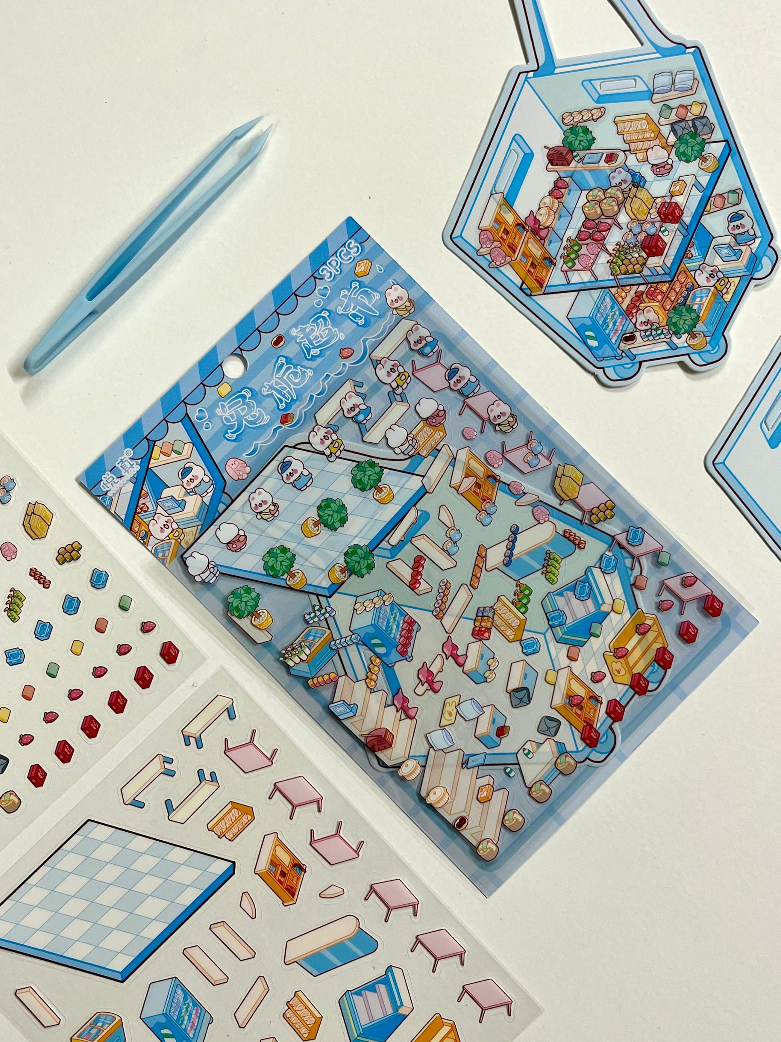 DIY Mini Market Arbası 3D Diorama İzometrik 122 Adet Sticker Sepet Kartonu Plastik Cımbız Seti
