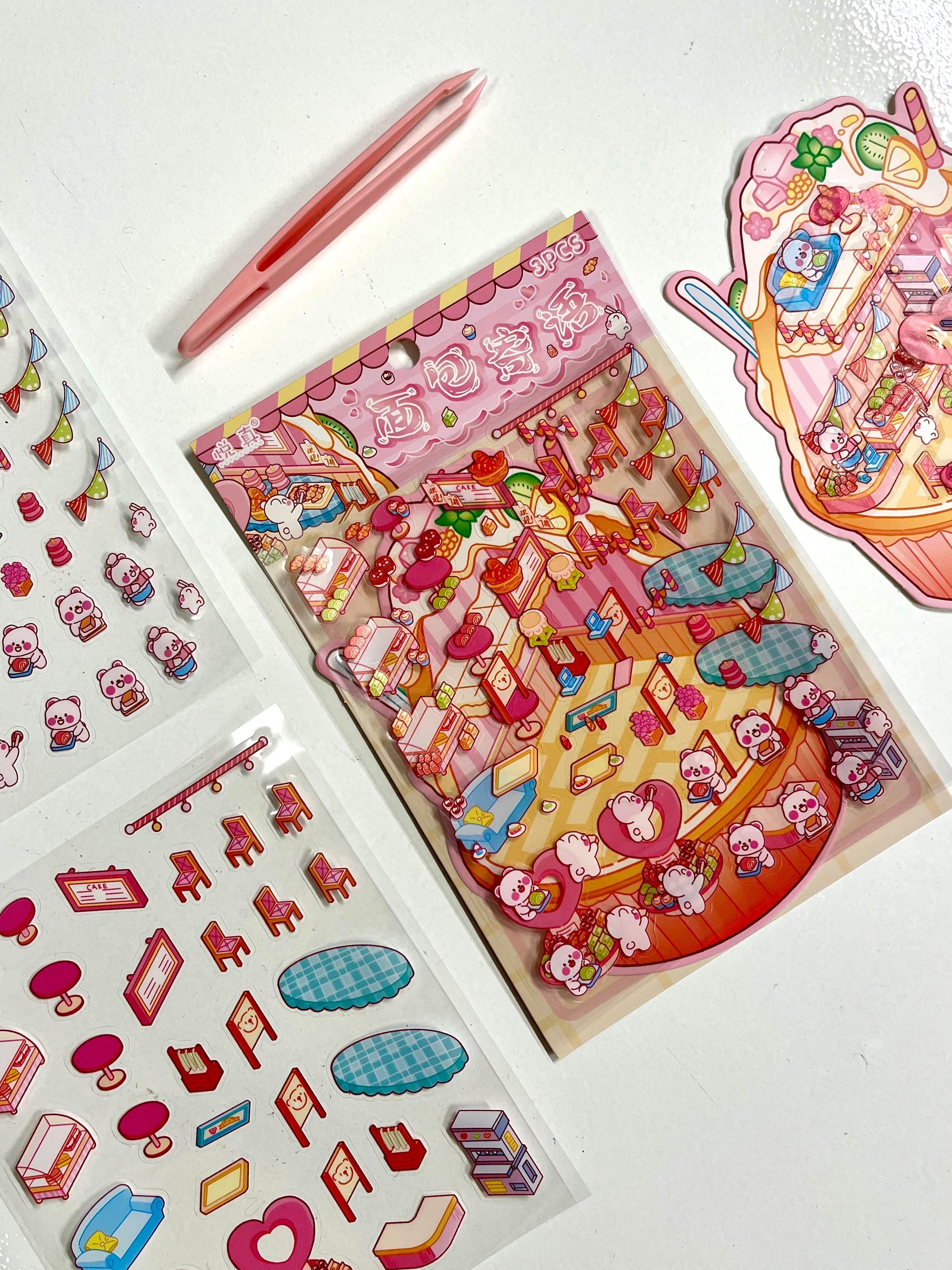 DIY Sweet Cafe Dream 3D Diorama İzometrik 94 Adet Sticker Kase Kartonu Plastik Cımbız Seti
