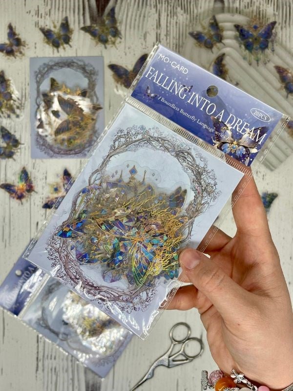 Falling İnto A Dream Işıl Işıl Lacivert Kelebekler 20 Adet Şeffaf Pet Sticker Set/Etiket/Çıkartma/Su Geçirmez/Altın Yaldızlı/Bullet Journal 