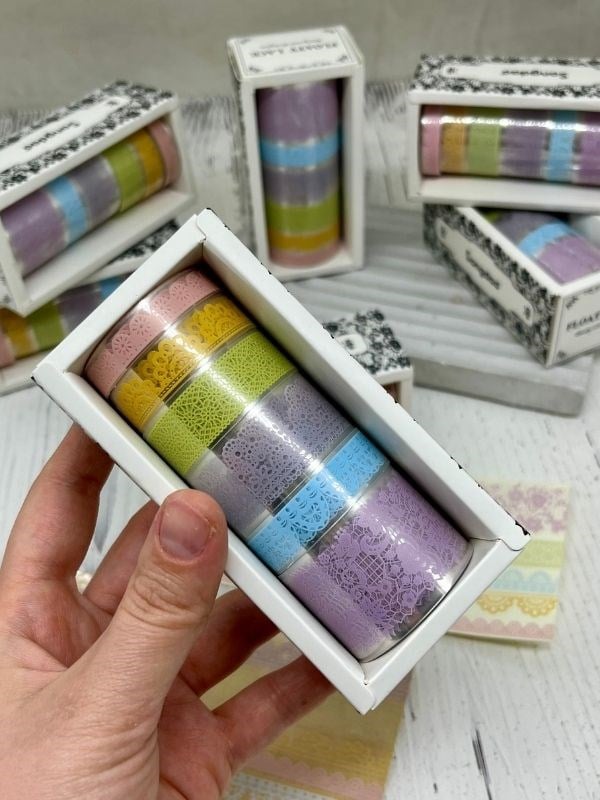 Floaty Lace Dantel Temalı Açık Tonlar Karışık 6’lı Washi Bant Set /Sticker/Çıkartma/Su Geçirmez