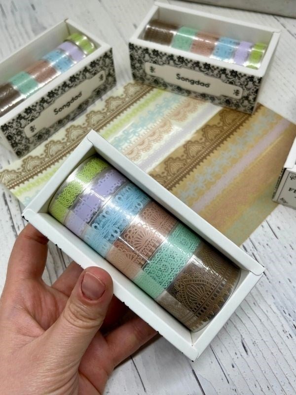 Floaty Lace Dantel Temalı Kahverengi ve Yeşil Tonlar 6’lı Washi Bant Set /Sticker/Çıkartma/Su Geçirmez
