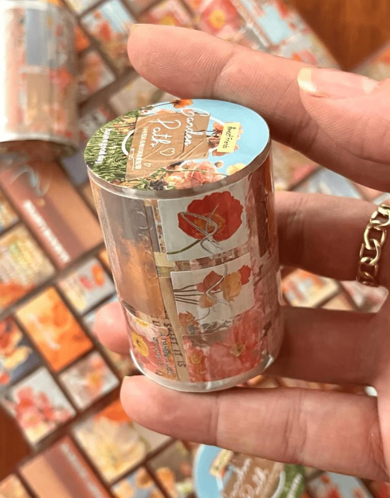 Garden Path Turuncu Çiçekler Tek Tek Çıkartmalı Pul Washi Bant / Sticker / Çıkartma/Bullet Journal