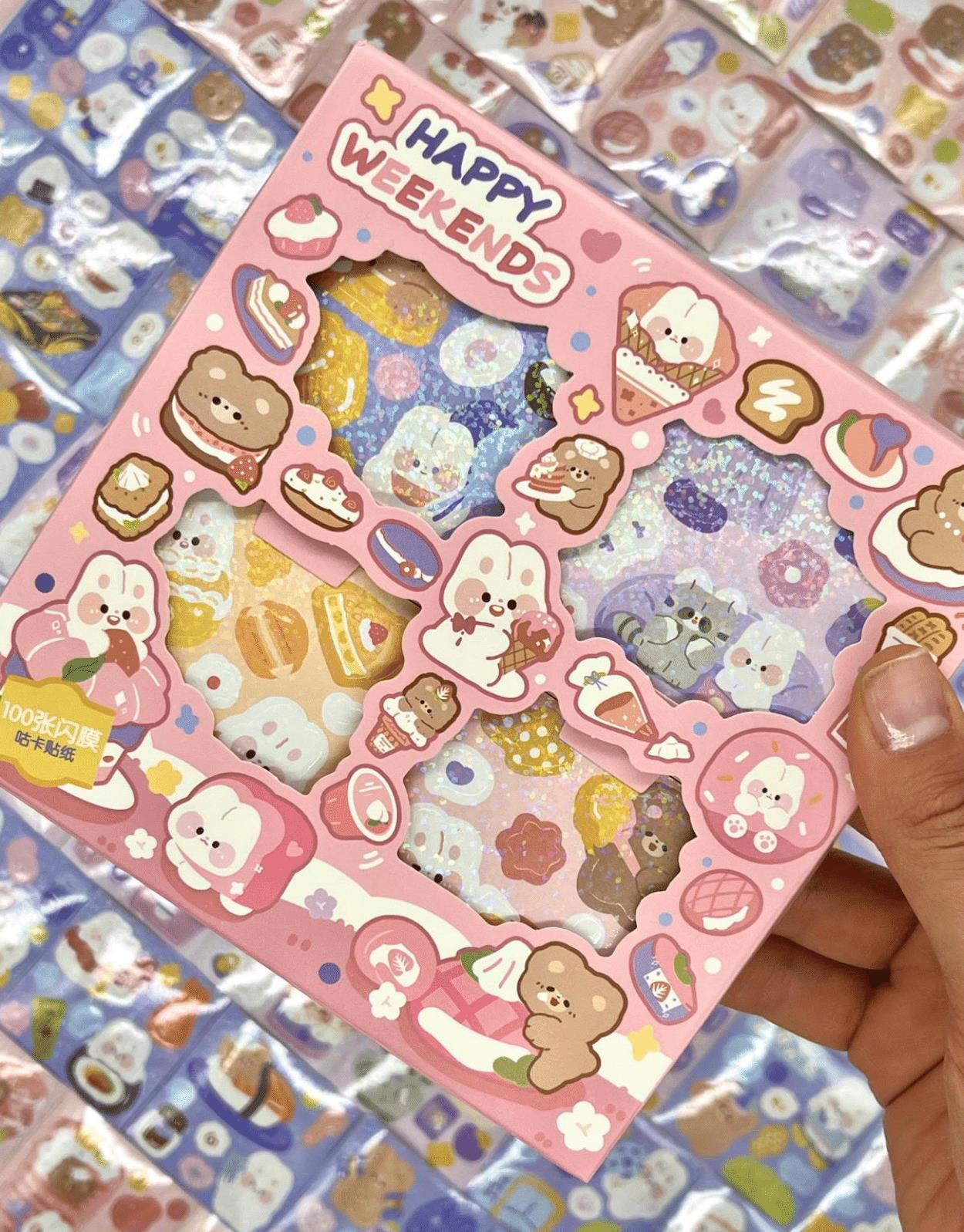 Happy Weekends Tavşan 4 Bölümlü 100 Yaprak 500 Adet Pembe Mini Kutu Sticker Seti/Bullet Journal/Etiket/ Çıkartma/ Su Geçirmez
