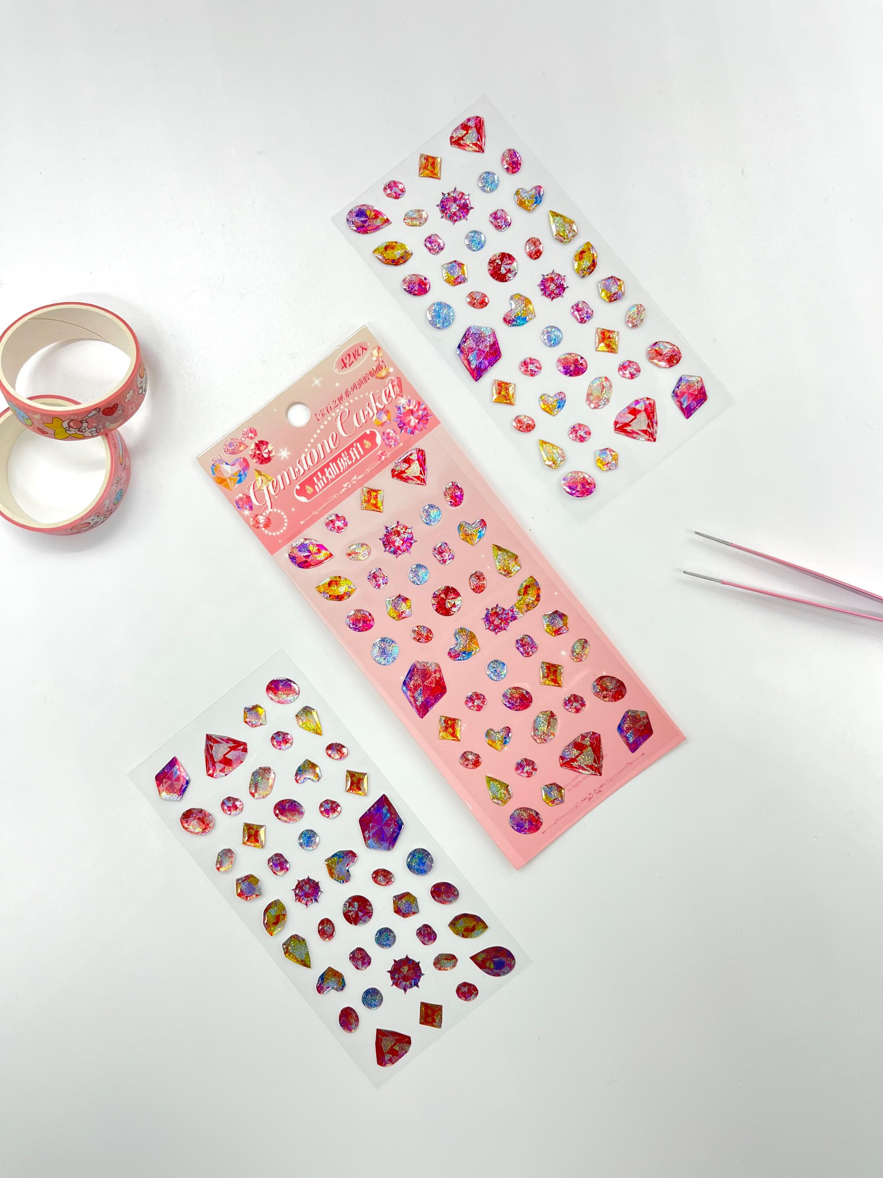 Holografik Pembe Renkli Mücevher Taşlar Tek Yaprak 42 Adet Sticker Seti/Etiket/Çıkartma