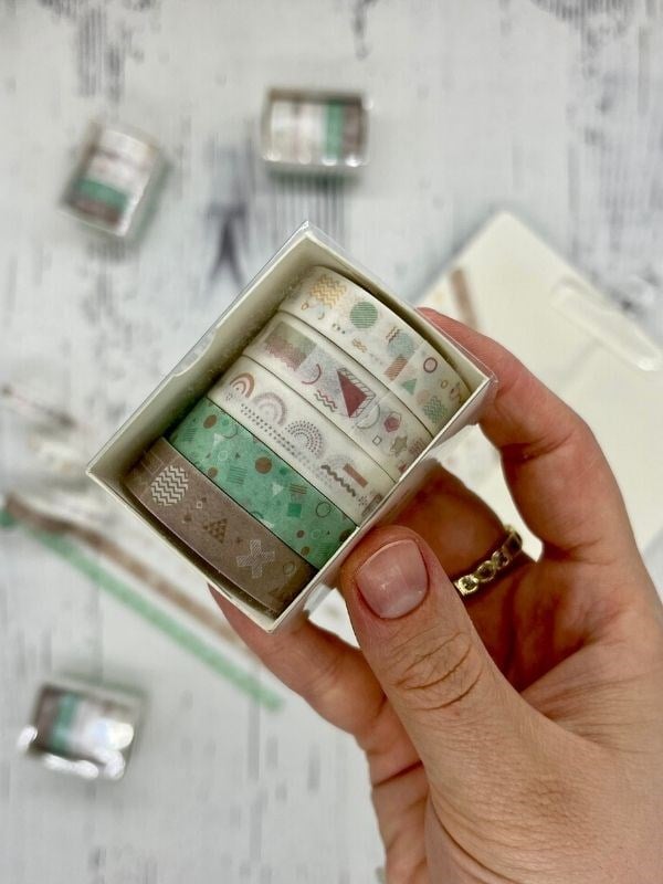 Kahverengi ve Yeşil Tonları Geometrik Desenli Retro 5’li Washi Bant Set/Washi Tape/Bullet Journal/Strapbook/Defter Süsleme 