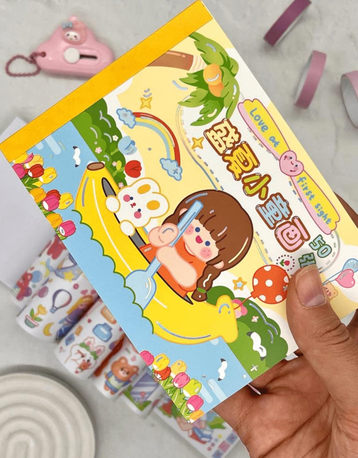 Kawaii 50 Yaprak Sevimli Kız ve Arkadaşları Sarı Defter Sticker / Çıkartma / Bullet Journal/ Scrapbook