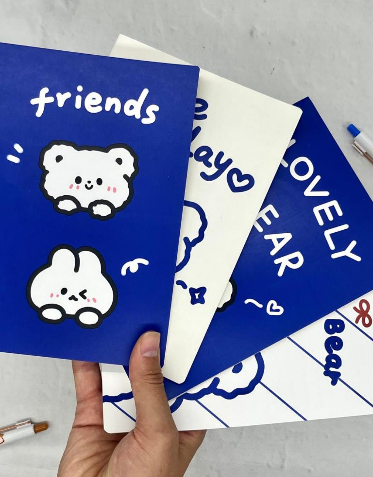Kawaii Ayıcık Mavi ve Beyaz 4'lü Defter Set / Scrapbook /Defter Süsleme Notebook/Bullet Journal