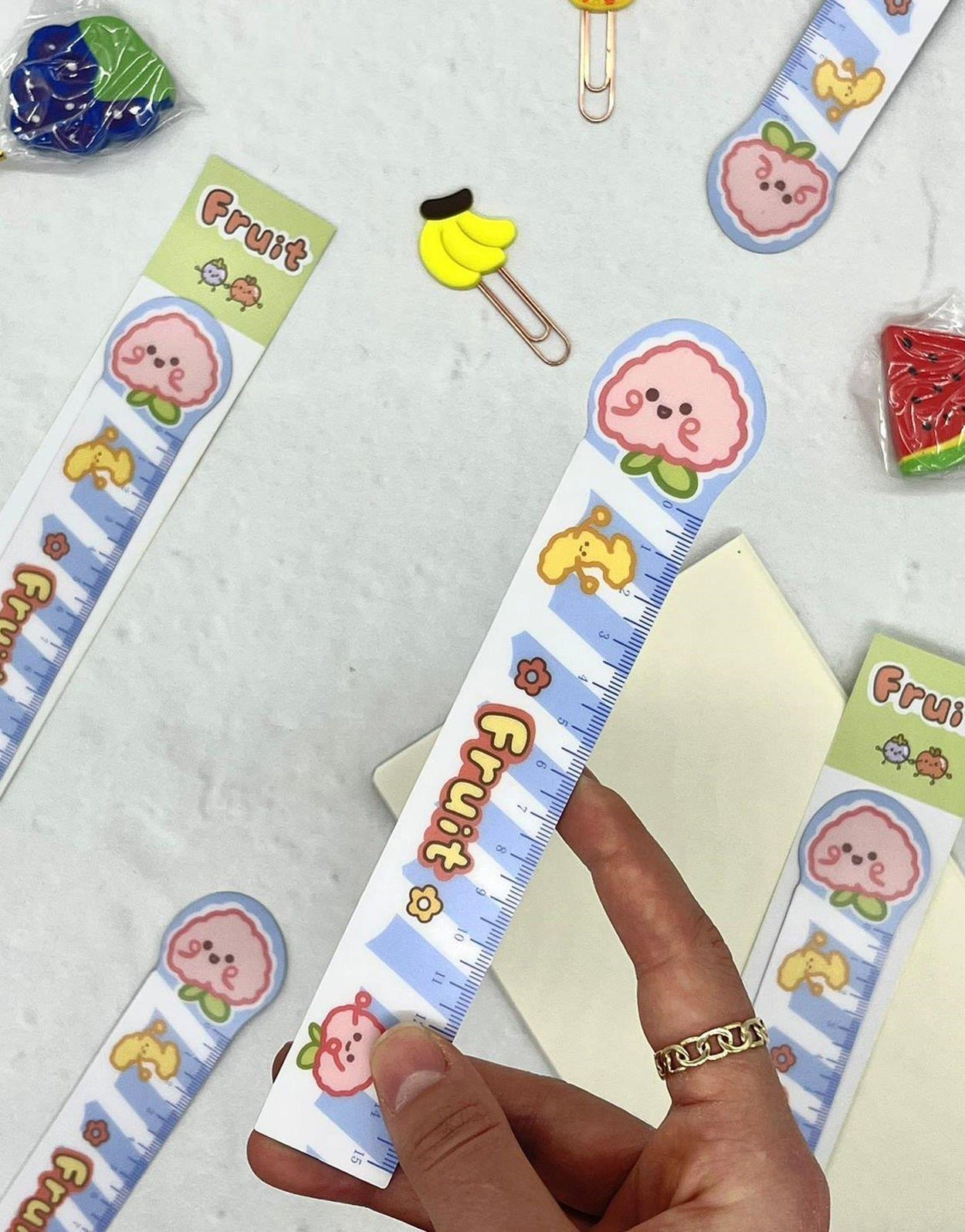 Kawaii Fruit Pembe Meyve Desenli Mıknatıslı Kitap Ayracı ve Cetvel / Yer İmi